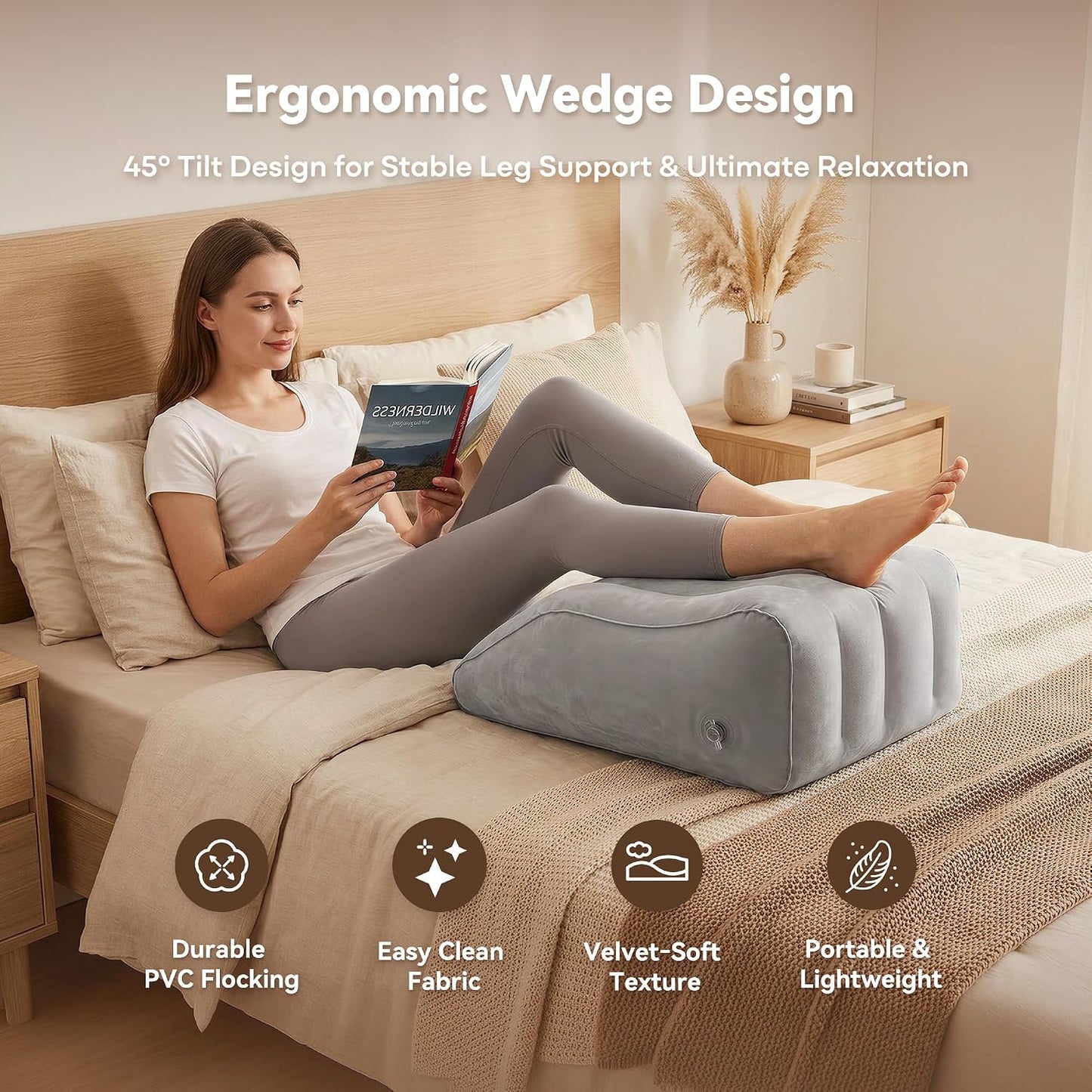 Inflatable Leg Elevation Pillow for Sleeping, Blood Circulation | Gray Ergonomic Wedge Pillow for Swelling, Portable Travel Leg Rest Cushion