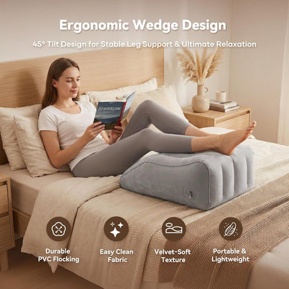 Inflatable Leg Elevation Pillow for Sleeping, Blood Circulation | Gray Ergonomic Wedge Pillow for Swelling, Portable Travel Leg Rest Cushion
