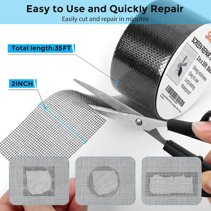Secopad 2" x 420" (35FT) Screen Repair Tape, Screen Repair Kit, Black | Window Screen Patch, Quick Repair, Strong Adhesive, Easy to Use, For Mesh Window & Door, Cuttable Fiberglass, No Tools Needed