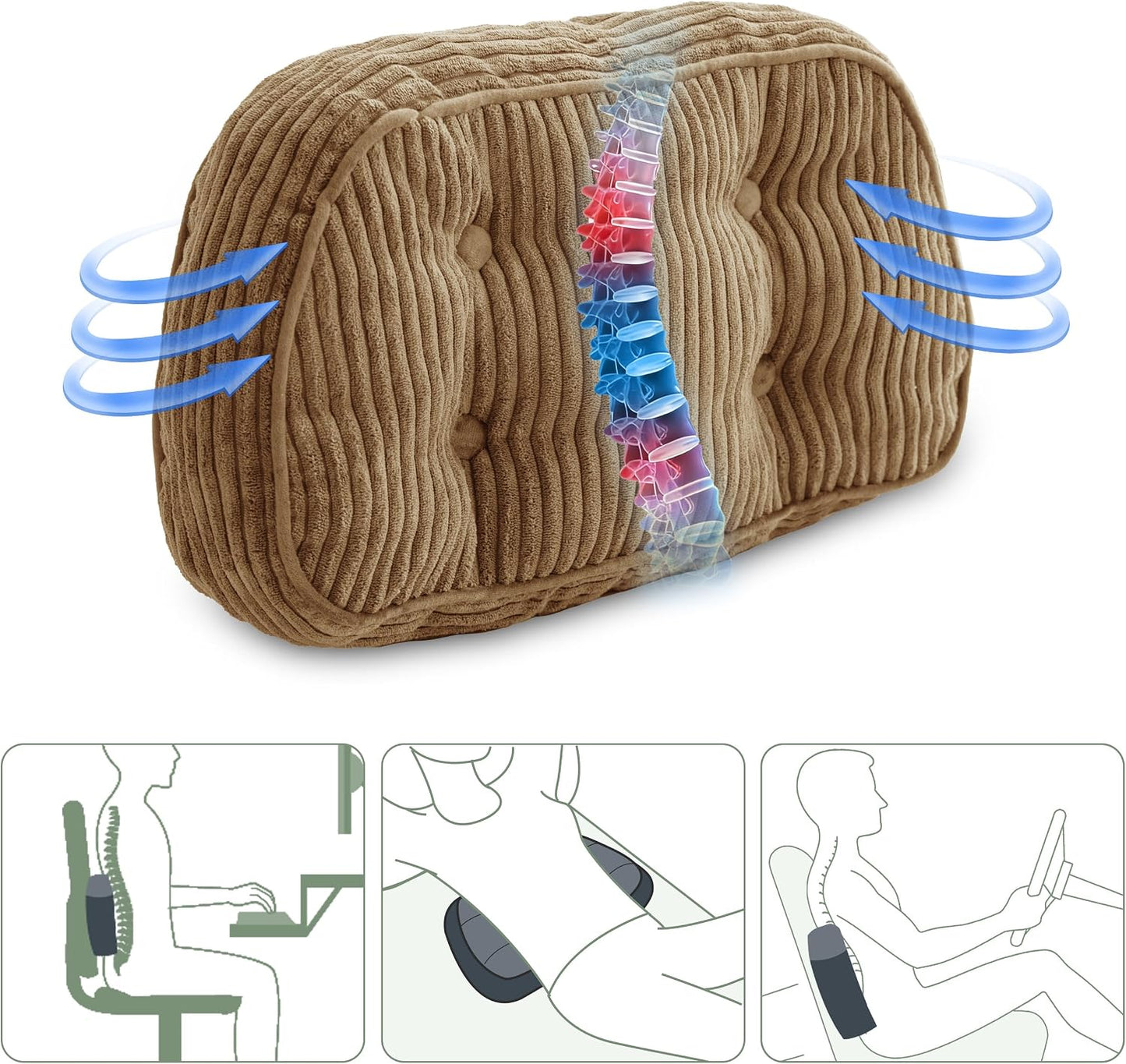 HIGOGOGO Lumbar Support Pillow for Recliner Chair/Accent Chair/Couch/Office Chair, Tufted Corduroy Back Support Cushion for Elderly, Recliner Cushions for Back Rest, Pain Relief, Reading, Dark Grey