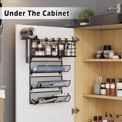 Wall-Mounted Hair Dryer Holder Styling Tool Organizer 4-Shelf Storage Wire Basket with Hook Heat Safe Rack for Hair-Straighteners,Curling Wands,Flat Iron,Cabinet Door Bathroom Kitchen White