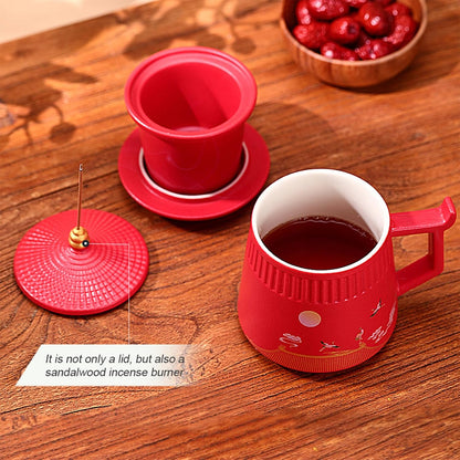 Loose Leaf Tea Cup with Infuser and Lid, 14.8oz Chinese Ceramic Mug with Fine Mesh Strainer, Office Steeping Cup for Tea Lovers Gifts
