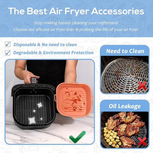 Silicone Air Fryer Liners Square - Reusable Airfryer Collapsible Basket - Easy to Clean Air Fryers Pot for 5.8 to 8 Qt Baking Tray Oven Accessories, 8.5 Inch Large