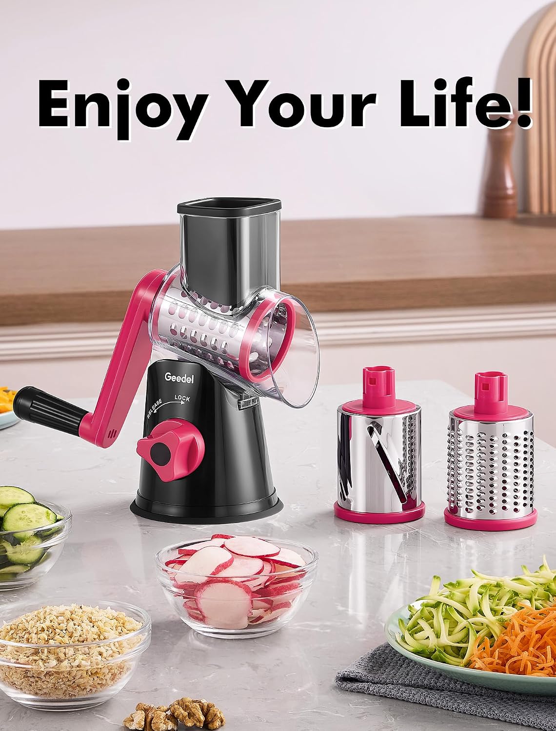 Geedel Rotary Cheese Grater, Kitchen Mandoline Vegetable Slicer with 3 Interchangeable Blades, Easy to Clean Rotary Grater Slicer for Fruit, Vegetables, Nuts | 3 Blades, 430 Stainless Steel, 12x Fast Cutting, Strong Suction Base, No BPA, Dishwasher Safe,