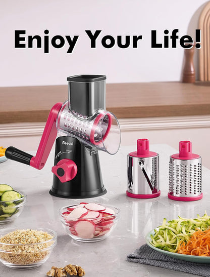 Geedel Rotary Cheese Grater, Kitchen Mandoline Vegetable Slicer with 3 Interchangeable Blades, Easy to Clean Rotary Grater Slicer for Fruit, Vegetables, Nuts | 3 Blades, 430 Stainless Steel, 12x Fast Cutting, Strong Suction Base, No BPA, Dishwasher Safe,