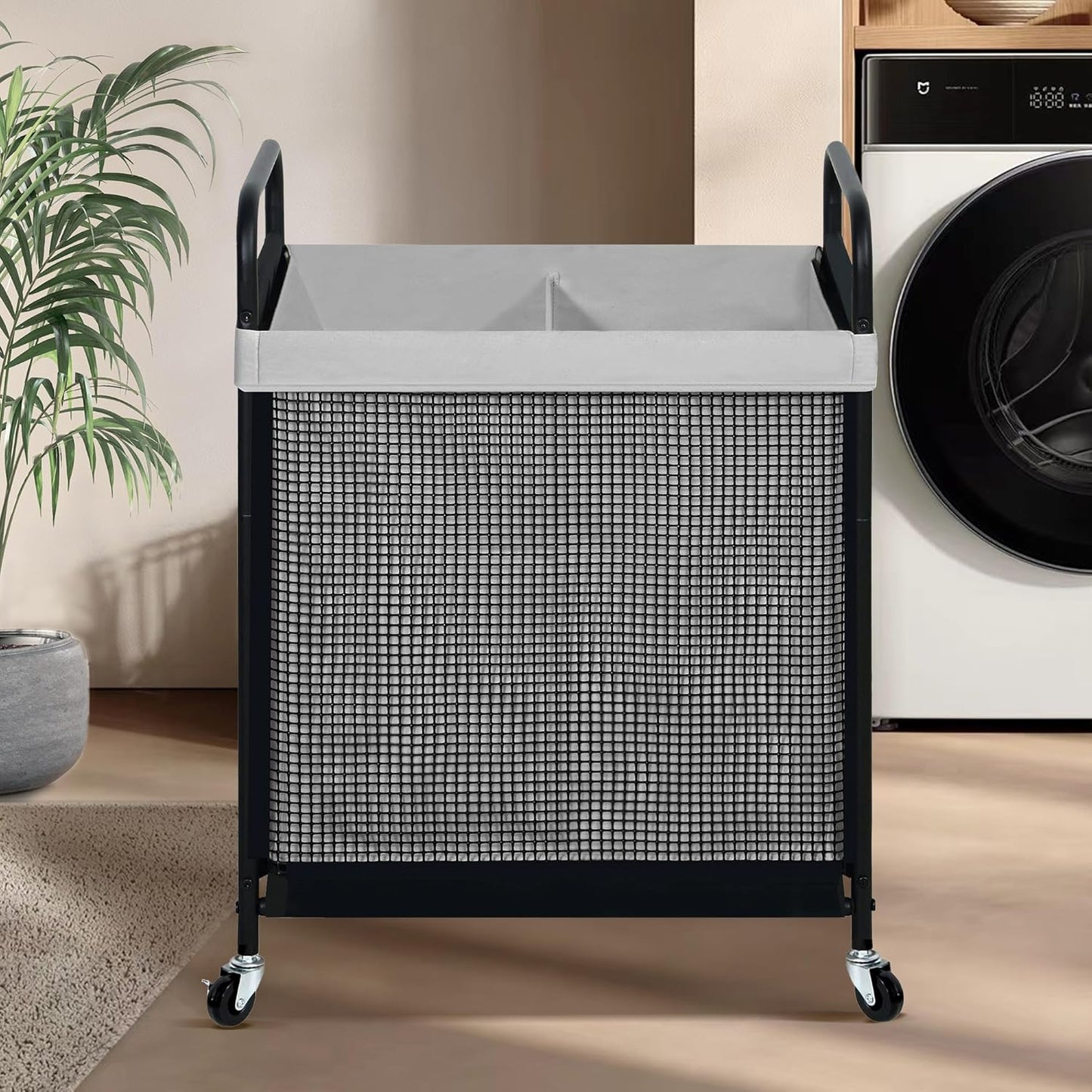 STO STO Laundry Hamper 2 Section, 100L Rolling Laundry Sorter Cart with Removable and Washable Liner Bag, Clothes Hamper with Wheels and Metal Handle for Laundry Room and Bedroom