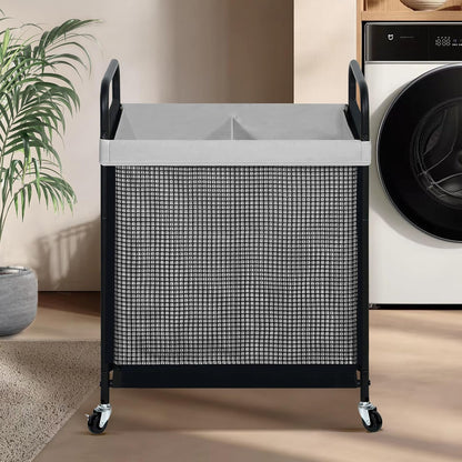 STO STO Laundry Hamper 2 Section, 100L Rolling Laundry Sorter Cart with Removable and Washable Liner Bag, Clothes Hamper with Wheels and Metal Handle for Laundry Room and Bedroom