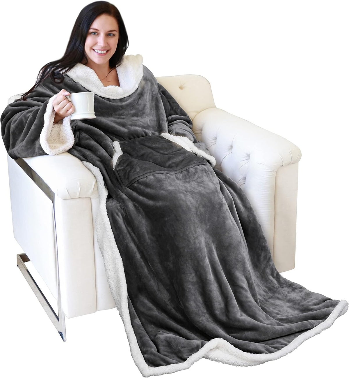 Catalonia Sherpa Wearable Blanket with Sleeves and Pocket for Adults