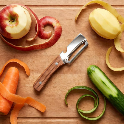 Multi-Functional Vegetable Peeler for Kitchen with Wooden Handle and Bottle Opener, 2 in 1 Stainless Steel Veggie Peeler Kitchen Gadgets Tool for Fruit Potato Pumpkin Apple Carrot Papaya