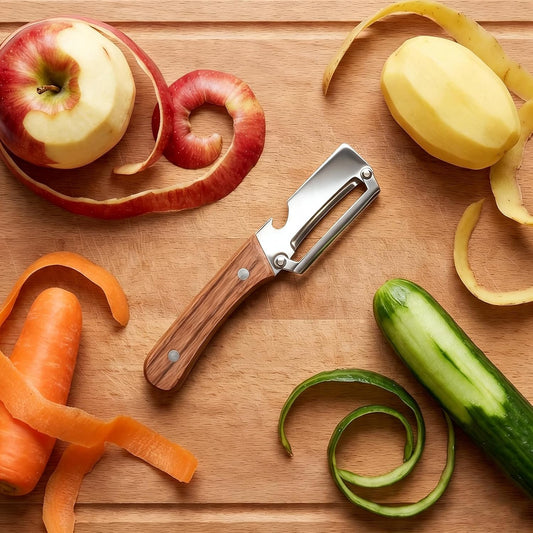 Multi-Functional Vegetable Peeler for Kitchen with Wooden Handle and Bottle Opener, 2 in 1 Stainless Steel Veggie Peeler Kitchen Gadgets Tool for Fruit Potato Pumpkin Apple Carrot Papaya