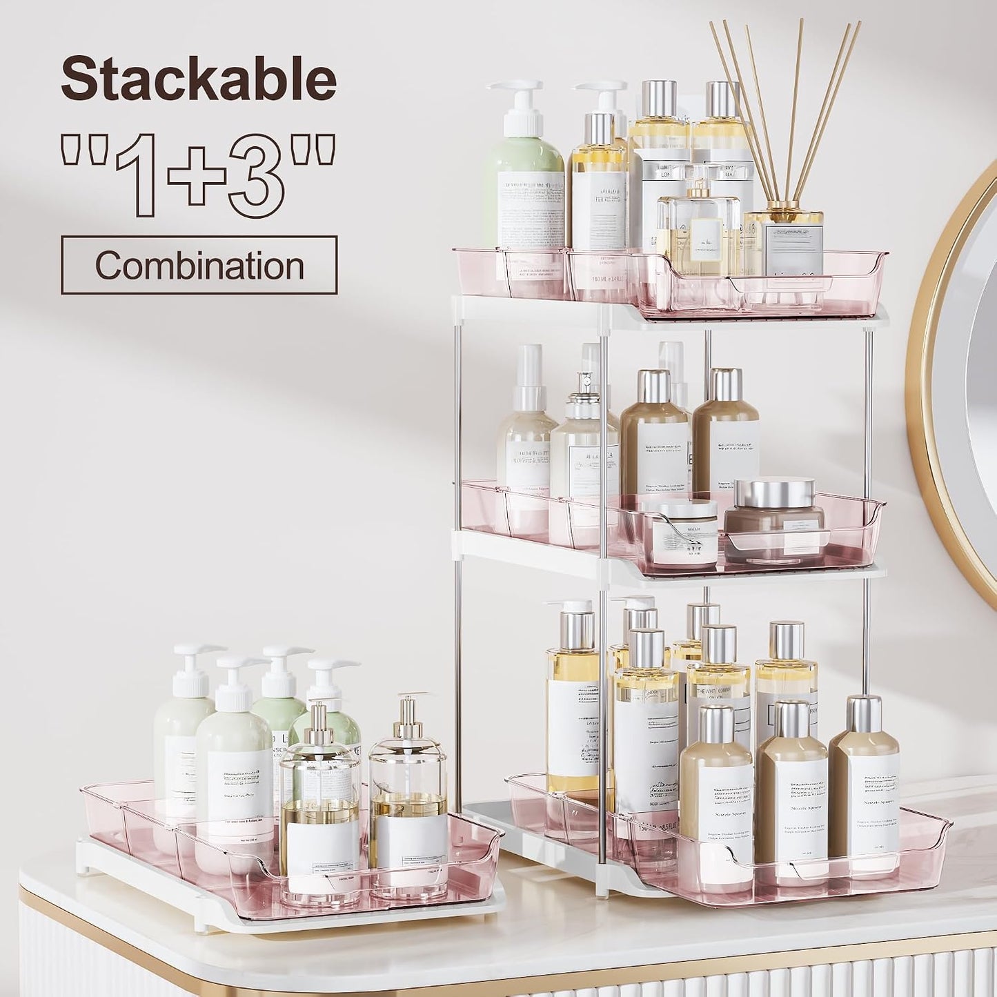 Delamu 2-Tier Multi-Purpose Bathroom Under Sink Organizers and Storage, Stackable Kitchen Pantry Organization, Pull Out Medicine Cabinet Organizer with Movable Dividers, White, 2 Pack