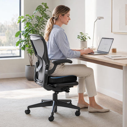 Memory Foam Seat Cushion for Office Chair & Car - Ergonomic Tailbone & Sciatica Pain Relief Pad - Non-Slip Desk Chair Cushion for Long Sitting, Breathable Mesh Pad for Posture Support (Black)