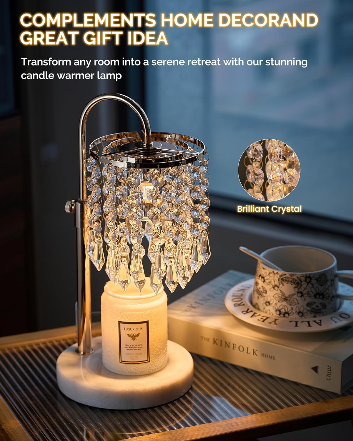 Candle Warmer Lamp with Timer Dimmer and 3 Bulbs, Candle Lamp Warmer with Marble Base for Adjustable Height, Crystal Candle Lamp for Jar Candles, House Warming Gifts Home Room Decor, Silver