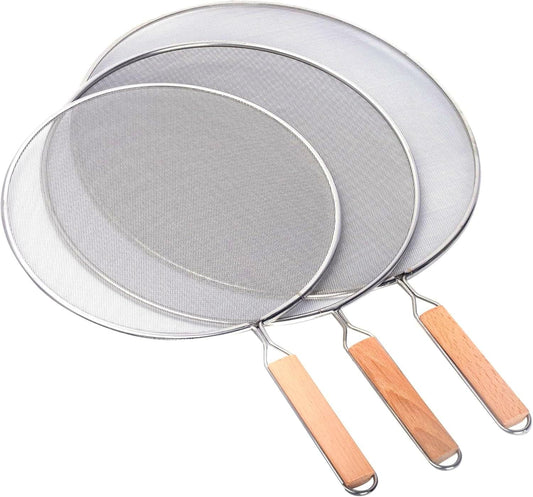 3PCS Grease Splatter Screen for Frying Pan,Stainless Steel Grease Guard | Grease Splatter Guard Shield for Kitchen Frying Pan Cooking Supplies Set of 9.44", 10.8" and 12.5" inch (Wood Handle)
