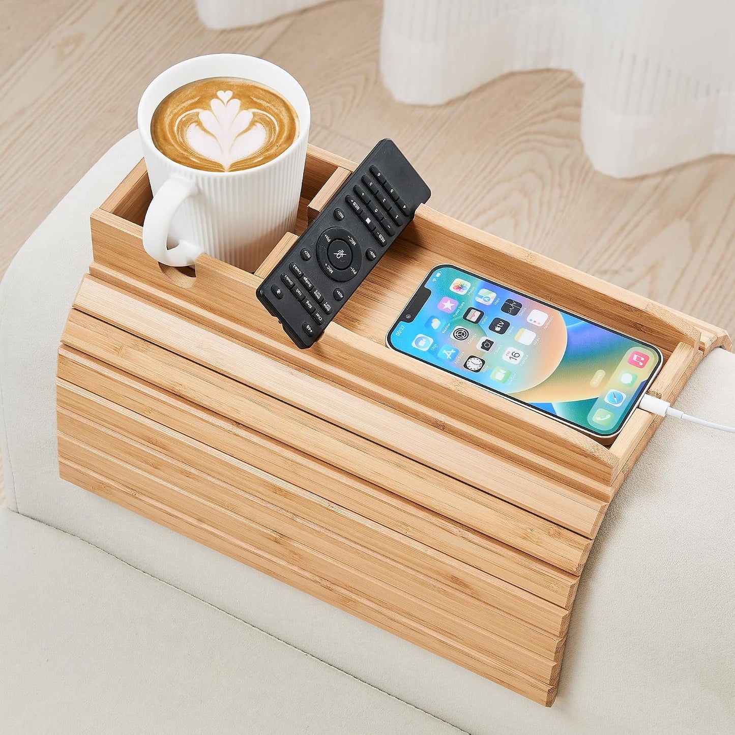 GEHE Couch Cup Holder, Anti Falling Sofa Arm Tray, Natural Bamboo Sofa Cup Holder More Safe for Your Family, Portable Couch Arm Tray Armrest Table for Remote, Snacks, Drinks