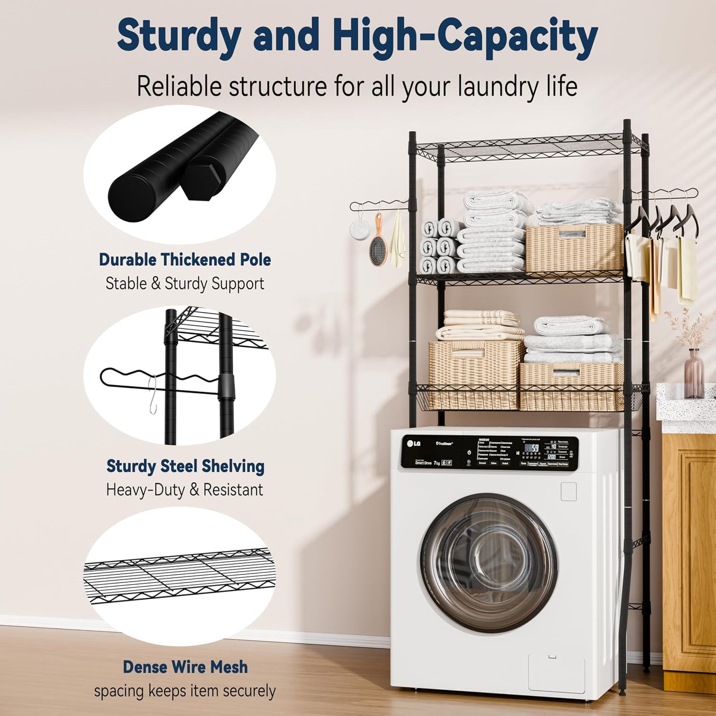 Laundry Room Storage Shelf & Organizer, 2 Tier Metal Over Washer and Dryer Shelves, Washing Machine Shelf with Hanger Rod, Expandable Bathroom Space Saver Shelf, 26–37" L x 15.8" W x 59.5" H, Black