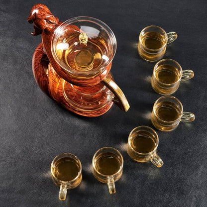 Glass Kungfu Teapot Set Tea maker with Infuser Semi Automatic Tea Set with 6 Small Cups (Red)