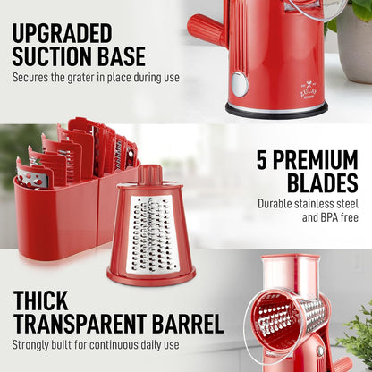 Zulay Kitchen Rotary Cheese Grater 5 Blade Cheese Shredder - Manual Hand Crank Cheese Grater With Reinforced Suction & 5 Interchangeable Drums - Easy to Use, Vegetable Chopper Round Mandoline Slicer - Colors B