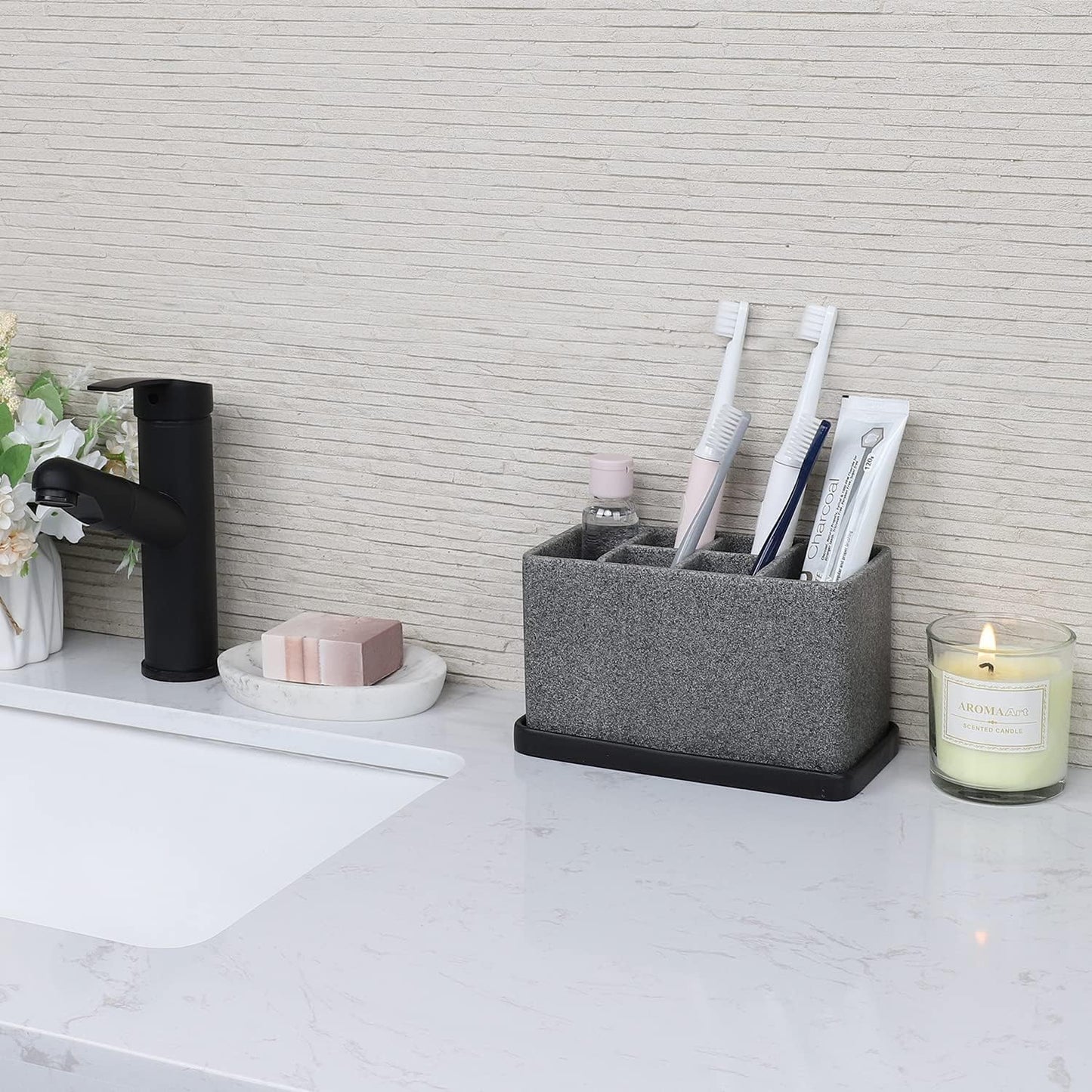 Marble Look Toothbrush Holder for Bathroom Countertop Organizer, Holds Toothpaste, Dental Floss, Razor, Comb, Makeup Brushes, and More, Stylish Bathroom Accessory for Tooth Brushing Essentials