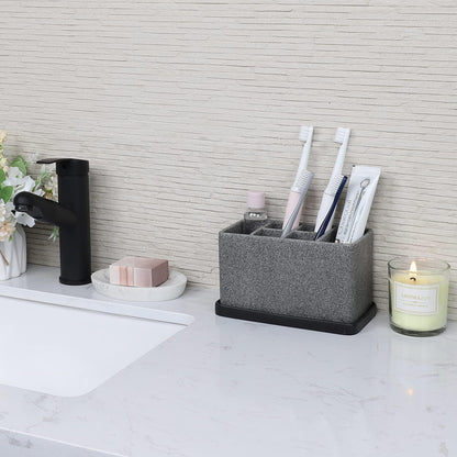Marble Look Toothbrush Holder for Bathroom Countertop Organizer, Holds Toothpaste, Dental Floss, Razor, Comb, Makeup Brushes, and More, Stylish Bathroom Accessory for Tooth Brushing Essentials