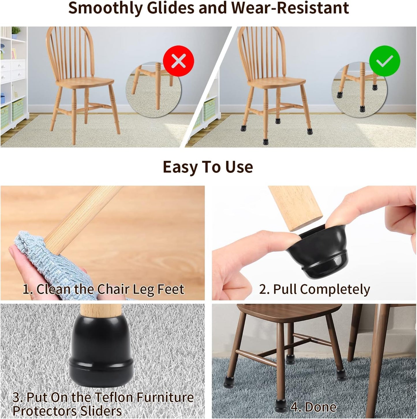 Ezprotekt Chair Leg Sliders for Carpet, 24 Pcs Square Chair Glides for Carpet, Carpet Furniture Pads Stool Leg Protectors Caps, Carpet Furniture Glides Quickly and Easily (L Fit:1" - 1.4")