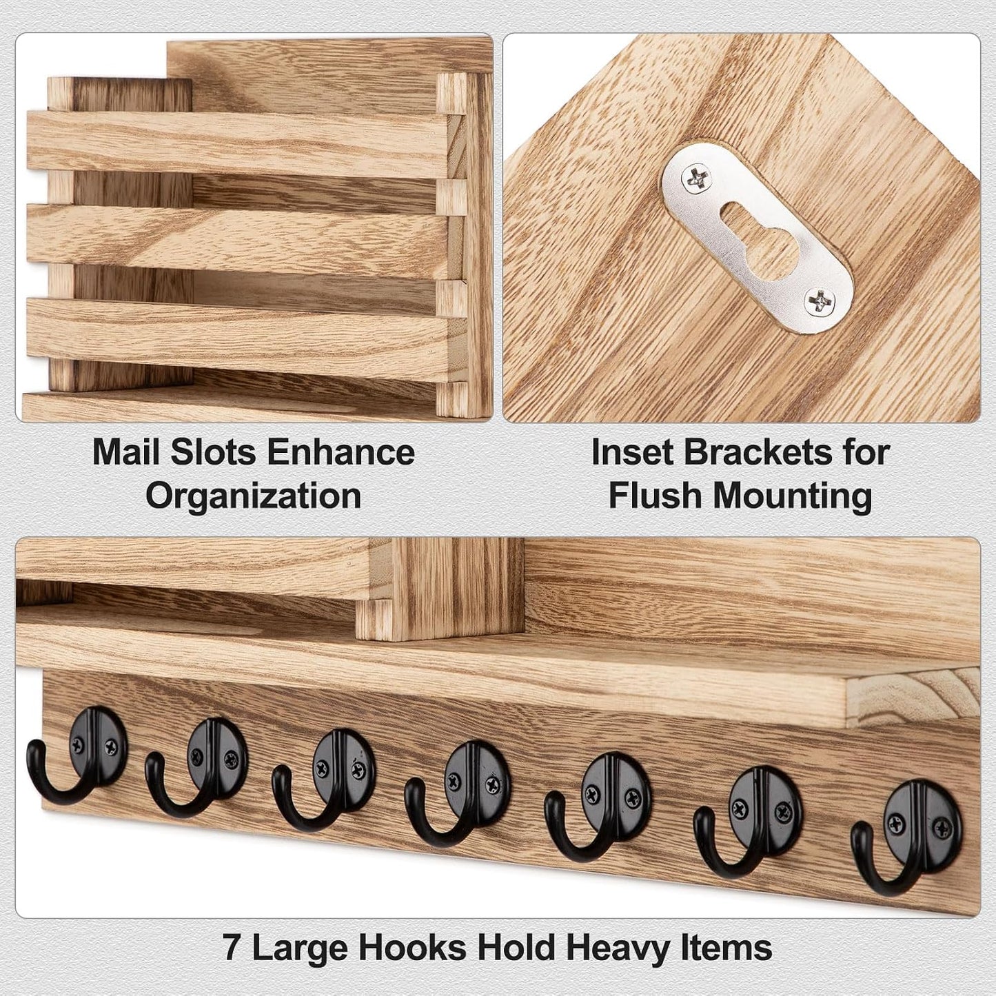 Lwenki Key Holder for Wall – Decorative Wooden Mail Holder and Key Shelf with Mounting Hardware, Installation Guide – Paulownia Wood with Metal Key Hooks (Black, Large - 11.8inch)