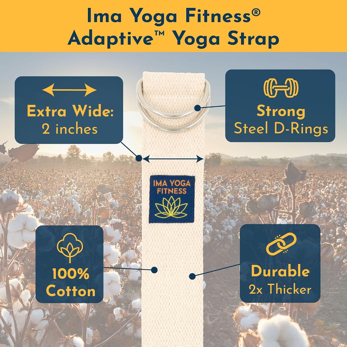 Adaptive Yoga Strap for Stretching - Extra-Wide 2 Inches 100% Cotton Stretch Strap with Steel D-Rings for Physical Therapy, Pilates & Flexibility - Storage Pouch & E-Book