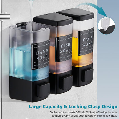 Shampoo and Conditioner Dispenser for Shower, 3 Chamber, Black | Wall Mounted, No Drill, 3×16.9oz, ABS Plastic Material, Refillable With Labels, For Bathroom Hotel