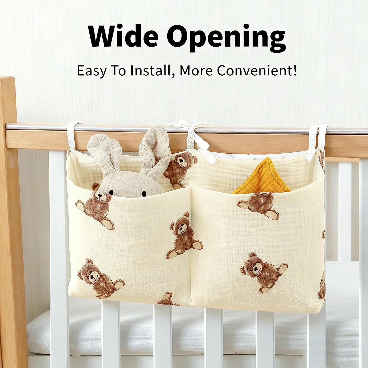 Baby Bedside Hanging Storage Bag Muslin Cotton Teddy Bear, Crib Diaper Caddy Organizer 2 Pockets, Nappy-Dormitory Nursery Organization Holder for Cribs, Playard or Wall Milk Bottle Bib Organizing