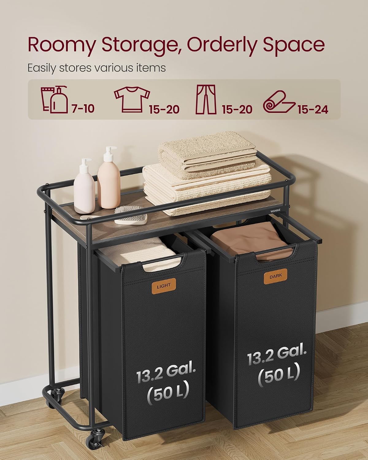 VASAGLE Laundry Sorter with Wheels, 39.6 Gal., 4 Removable Liners | Portable Laundry Cart with Shelf, 150 L, 6 Labels, Ink Black and Chestnut Brown, STEVIE Collection URLS100BH01S