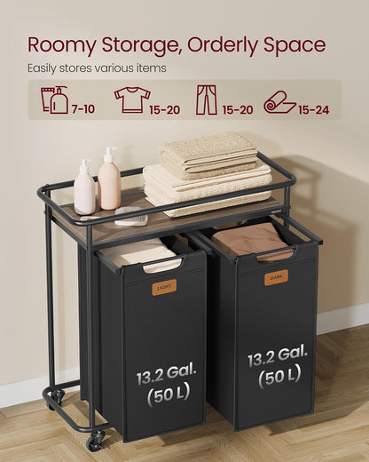 VASAGLE Laundry Sorter with Wheels, 39.6 Gal., 4 Removable Liners | Portable Laundry Cart with Shelf, 150 L, 6 Labels, Ink Black and Chestnut Brown, STEVIE Collection URLS100BH01S