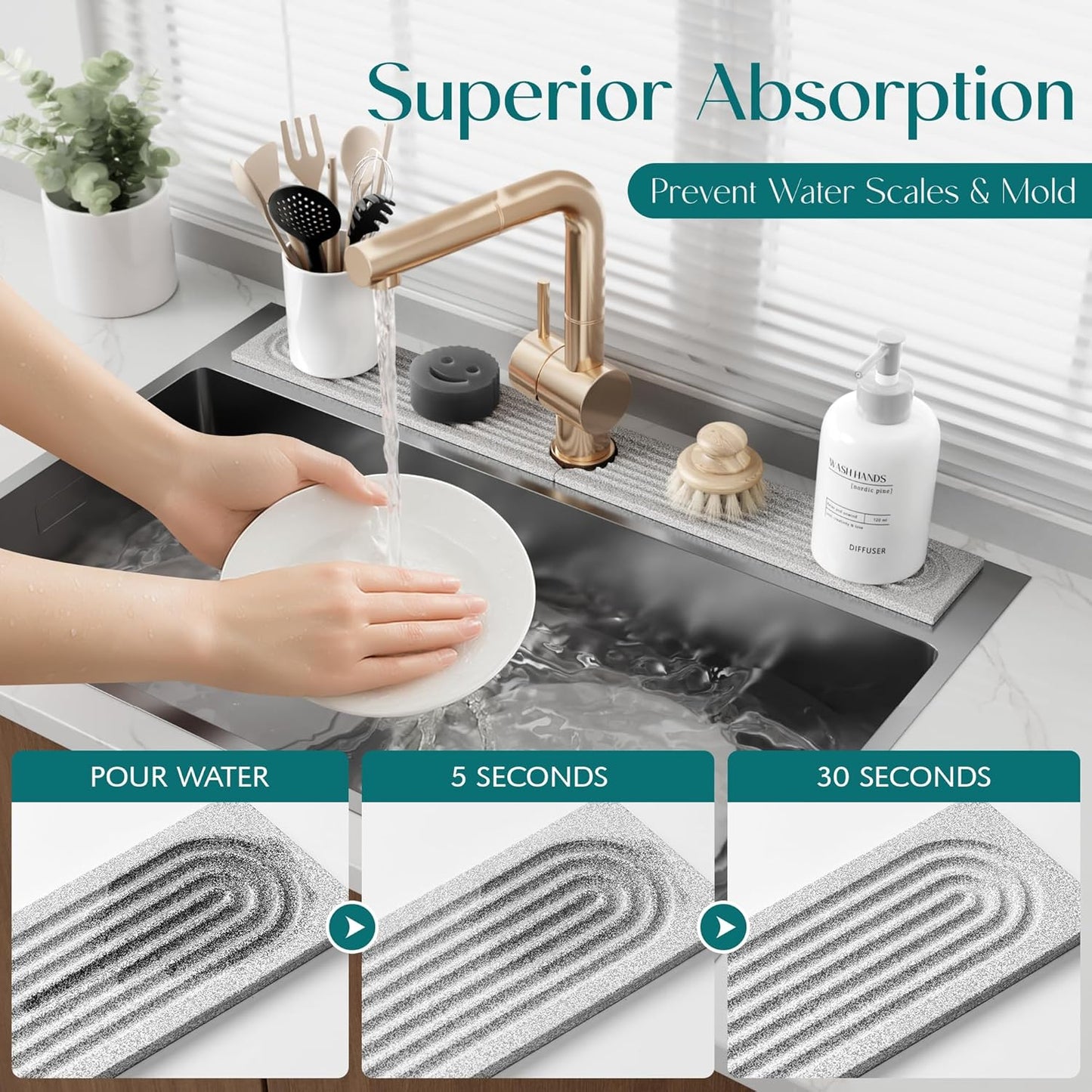 Stone Faucet Mat for Kitchen Sink – Diatomite Drying Stone Mat & Sink Protector, Prevents Moisture – Sink Splash Guard Water-Absorbing Stone Tray for Bathroom Counter (Light Grey, 20" x 3.9")