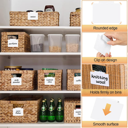Utron 12pcs White Basket Labels, 3.5x2.7 Clip On PVC Labels with Pen for Storage Bins, Removable Label Holders, Regular
