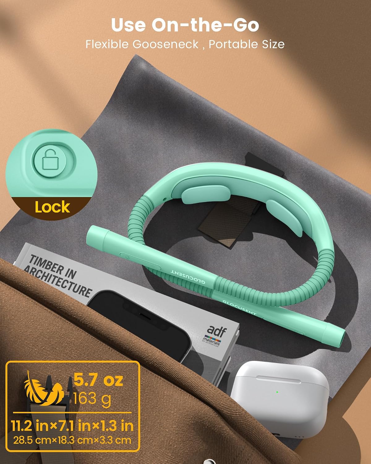 Glocusent Neck Light with Timer, 100 Hours Book Light for Bedtime Reading | Neck Reading Light, 3-Color, 5 Brightness, Bendable, Ergonomic, 1600mAh, Rechargeable, Eye Care, Sleep Aid, Travel Lock, Gift