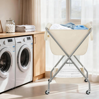 STORAGE MANIAC Collapsible Laundry Cart with Wheels 35.6"H Removable Canvas Bag Rolling Laundry Hamper Clothes Basket with Wheels, Sturdy Steel Frame Folding for Small Narrow Space Easy Storage, Beige