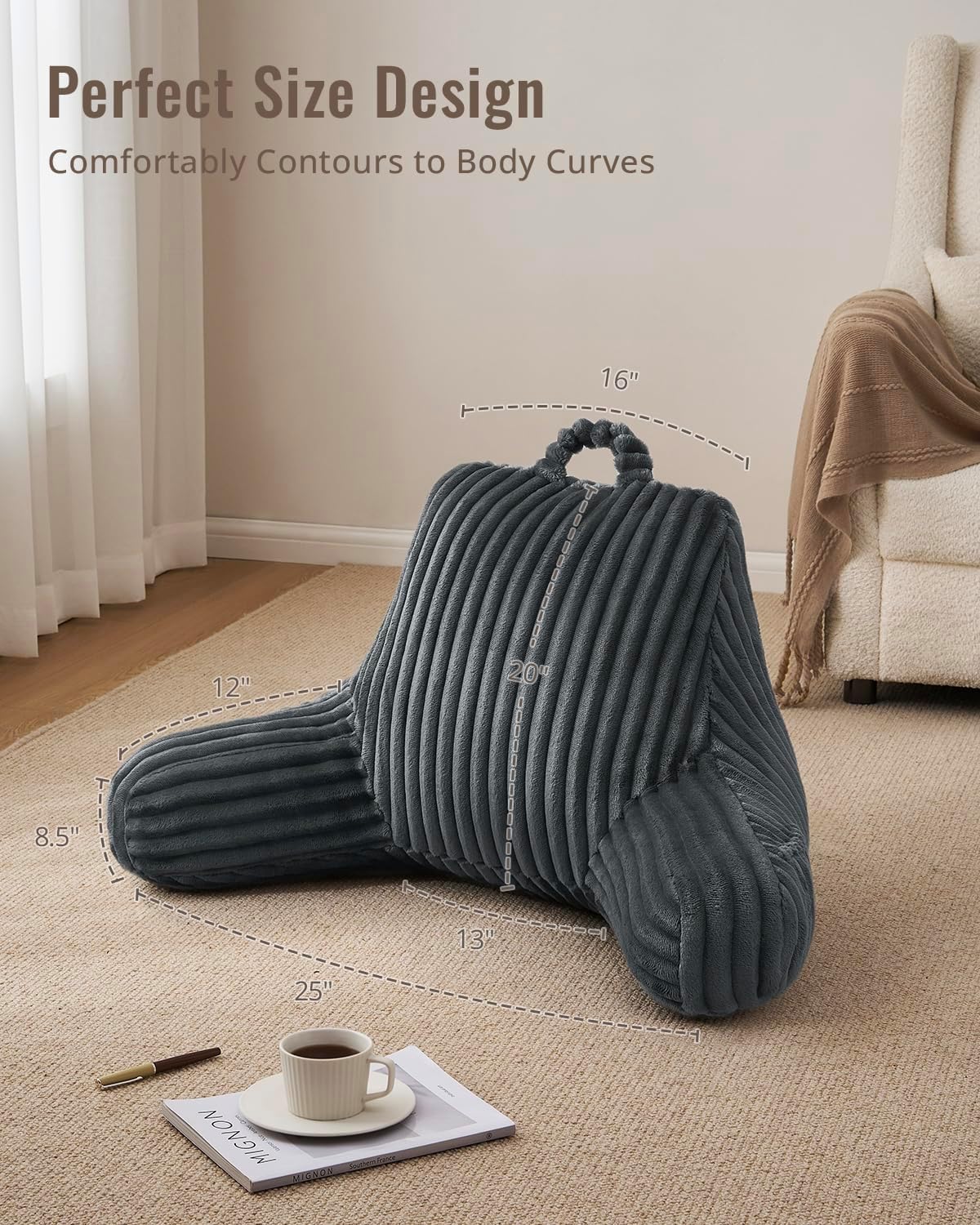 Blissful Diary Reading Pillow, Backrest Pillow with Shredded Memory Foam for Adult & Children, Designed for Bed and Couch Sitting Up, Includes Arms, Pockets and Washable Cover, Off White