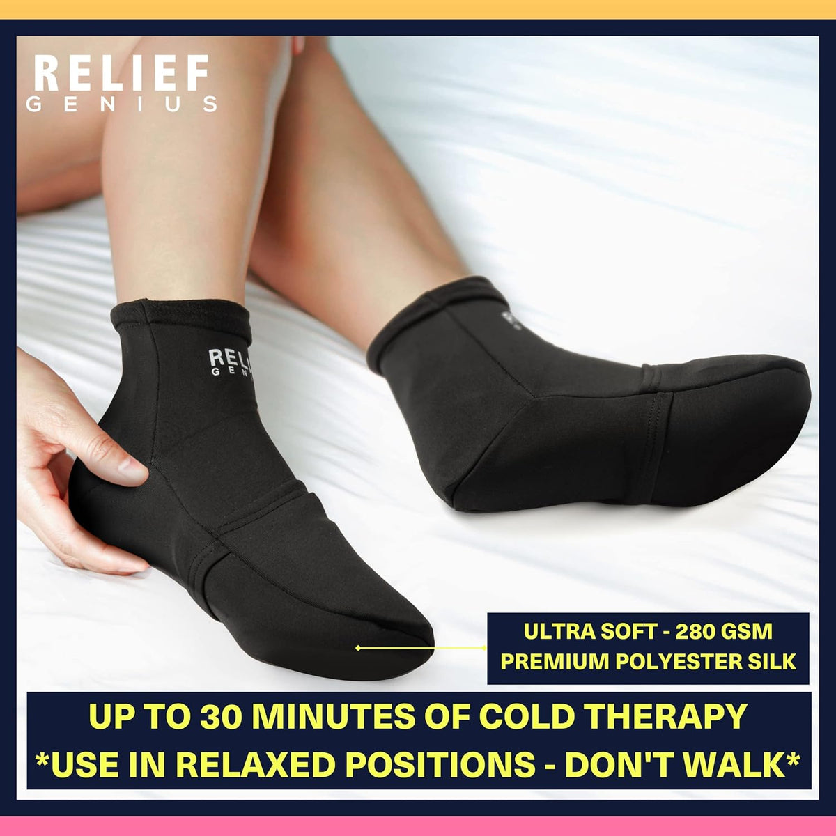 Relief Genius Cold Therapy Socks with Reusable Gel ice Packs - Achieve Relief from Sprains, Muscle Pain, Bruises, Swelling, Edema, Chemotherapy, Arthritis, Post Partum Foot (Black, Large)