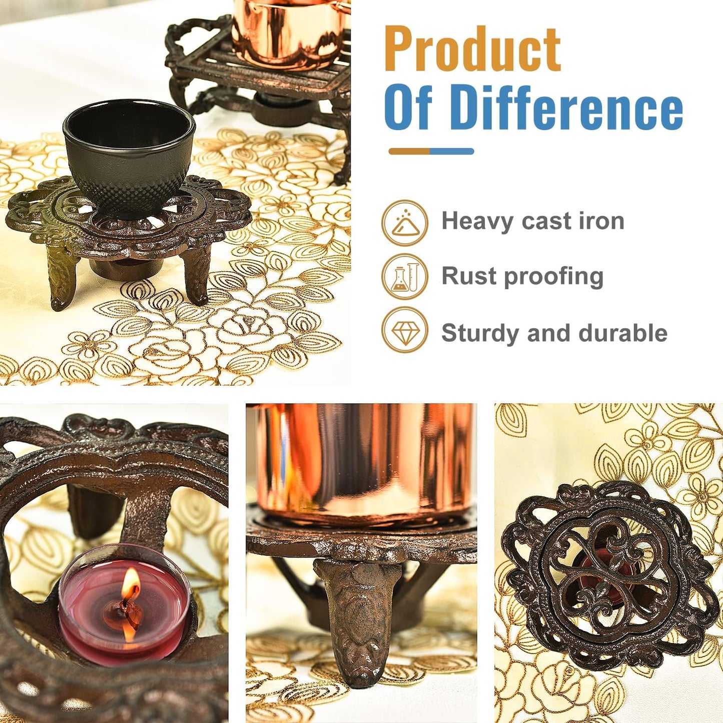 Sungmor Cast Iron Teapot Warmer - Rustic Design with Tealight Holder | Heavy Duty & Decorative Candle Holder Stands for Heat Food Coffee Milk or Tea