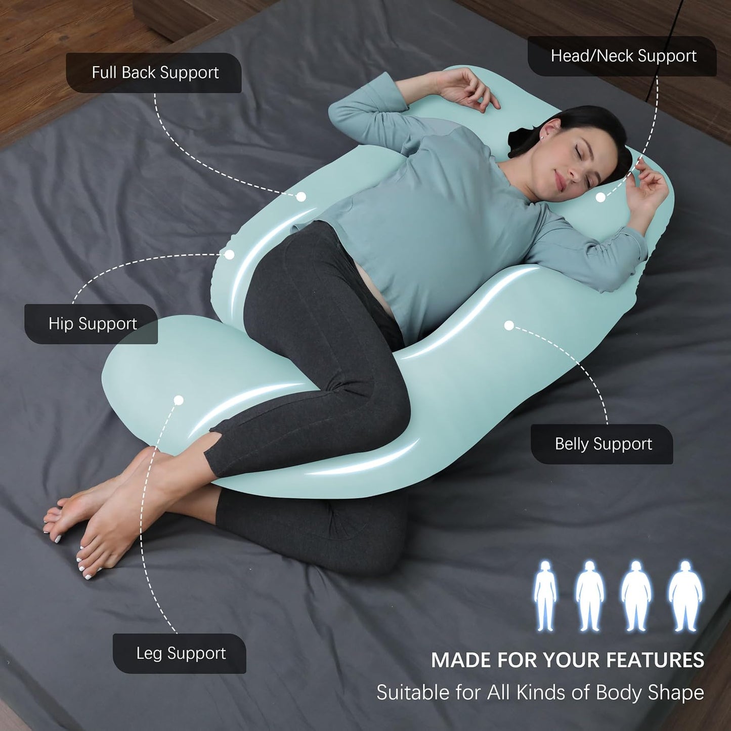 MOON PARK Pregnancy Pillows for Sleeping - 57 Inch U Shaped Full Body Maternity Pillow with Removable Cover - Support for Back, Legs, Belly, Hips - Pregnancy Pillow for Women - Grey