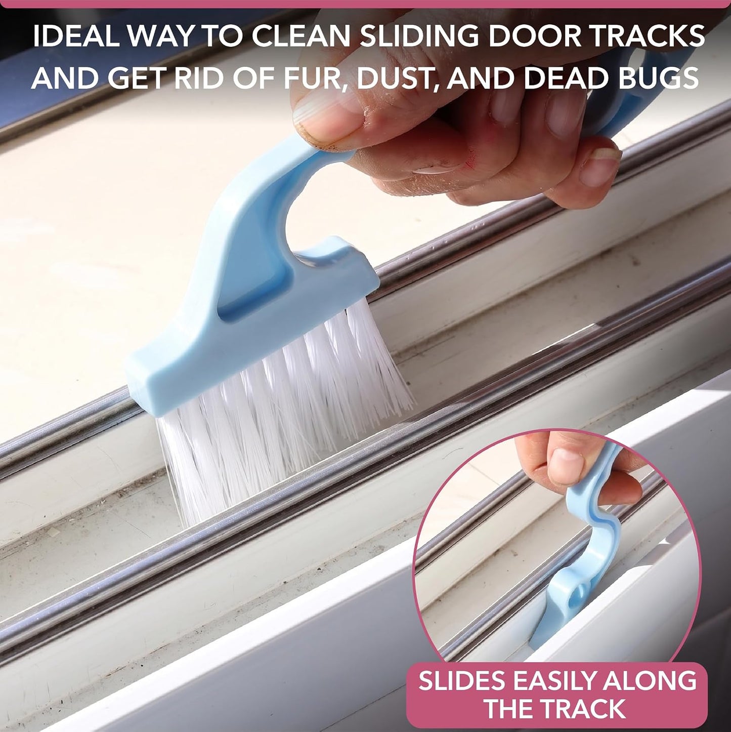 Slick- Window Track Cleaning Brush, 2 Pack, Yellow/Purple Ergonomic Handle, Built-in Scraper, Multipurpose, Window Track Cleaning Tools