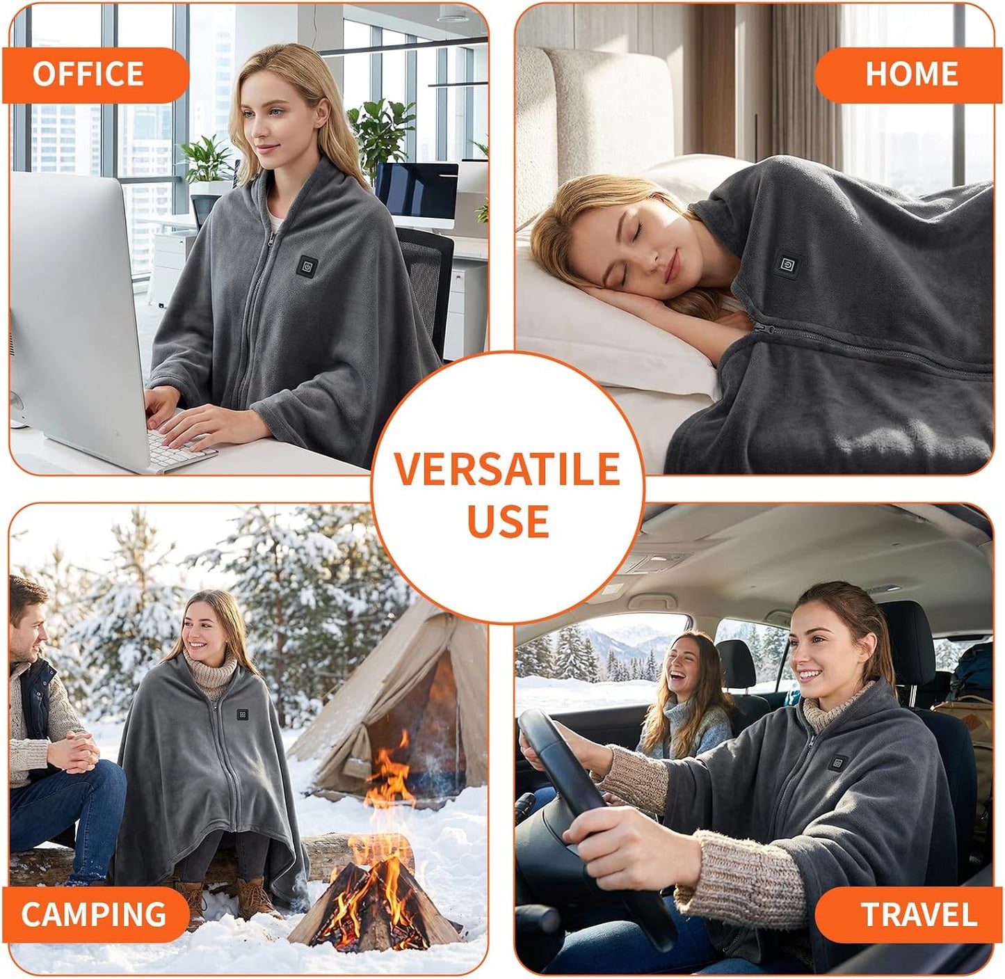 Cordless Heated Blanket, Machine Washable with Laundry Bag, 20000mAh Battery Powered Heating Throw with Power Bank, 3 Heating Levels, 59"x31.5" Portable Electric Blanket (Grey)