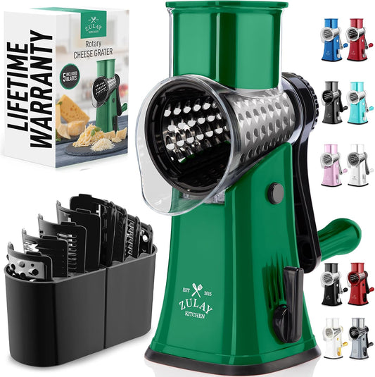 Zulay Kitchen Rotary Cheese Grater 5 Blade Cheese Shredder - Manual Hand Crank Cheese Grater With Reinforced Suction & 5 Interchangeable Drums - Easy to Use, Vegetable Chopper Round Mandoline Slicer - Colors B