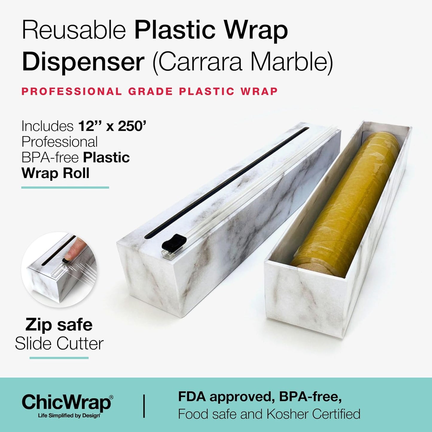 Chicwrap Veggies Refillable Plastic Wrap Dispenser - Includes One 12" x 250' Roll of Professional Grade Plastic Wrap - BPA Free and Kosher Certified - Reusable Dispenser w/Slide Cutter | Reusable Plastic Wrap Dispenser with Four Non-Slip Rubber Feet and