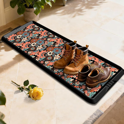BEHERO Boot Tray Shoe Mat Decorative Patterned, Rubber Shoe Matt Tray Indoor/Outdoor Use, 16" x27.5" Shoe Cleaning Mat Non-Slip, Shoe Storage Waterproof Flower Prints for Entryway, Velvet Bloom