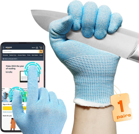JDL Large Blue Cut Resistant Gloves with Touch Screen, Food Grade, ANSI A5, 3D Stretch Fit, Firm Grip, Suitable for Oyster Shucking, Meat Slicing, Kitchen Protection
