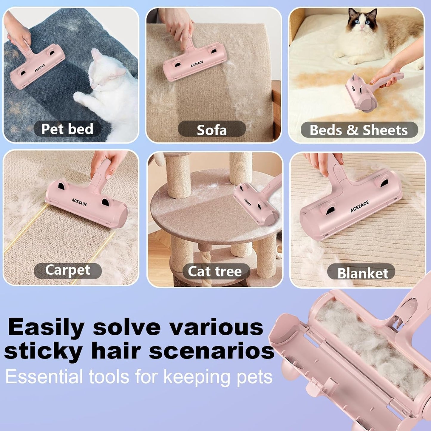 ACE2ACE Pet Hair Remover, Reusable Lint Roller for Cat and Dog Hair, White | Self Clean Cat Hair Remover with Dust Bin, Dog Hair Remover for Couch, Furniture, Carpet, Sofa and Bedding