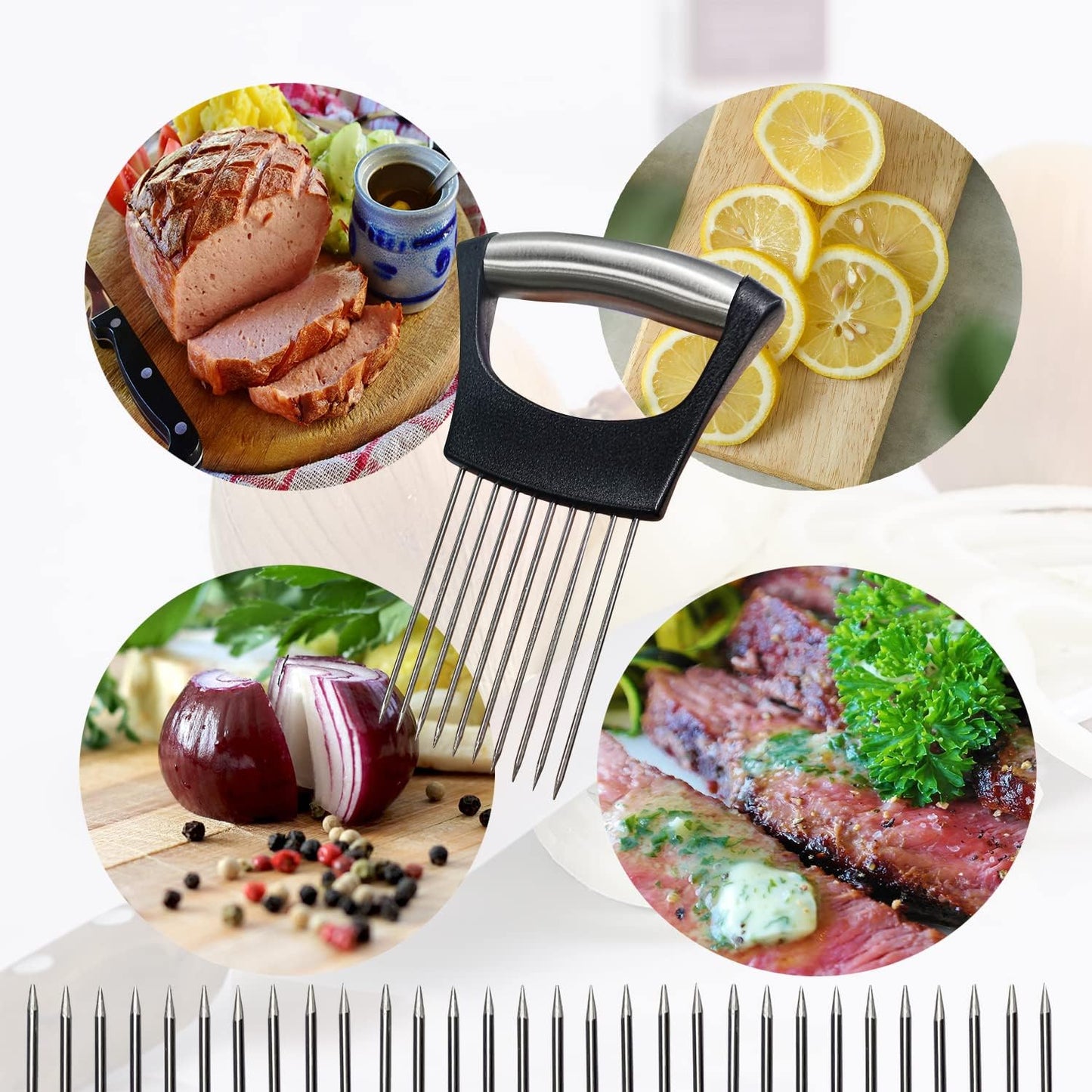Onion Holder for Slicing - Multi-Purpose Kitchen Tool for Safe and Efficient Slicing of Onions, Tomatoes, Potatoes, Apples, and More | Stainless Steel Vegetable Cutter & Meat Tenderizer 2 PCS
