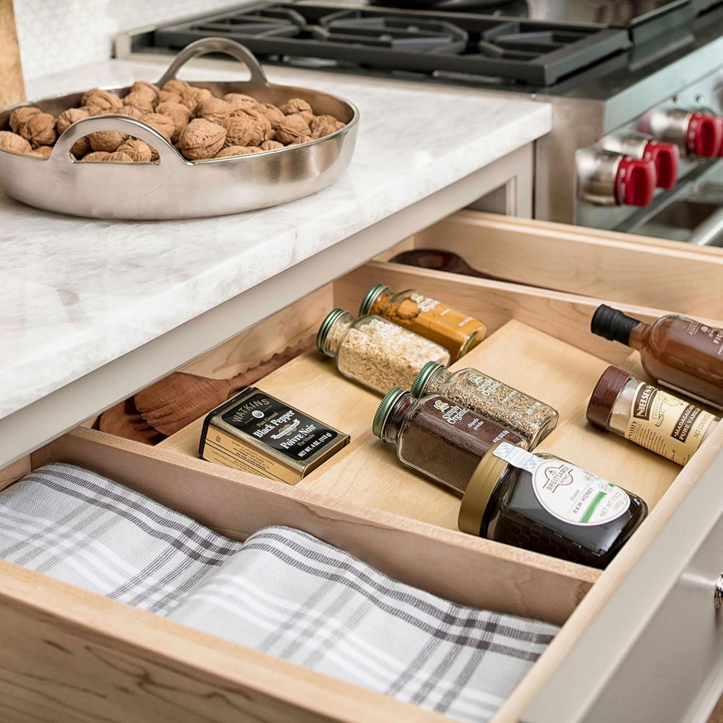 Rev-A-Shelf 36" 3-Tiered Trimmable Wooden Pull-Out Spice Rack, Maple | Wooden Kitchen Drawer and Cabinet Home Storage Insert for Seasoning Organization