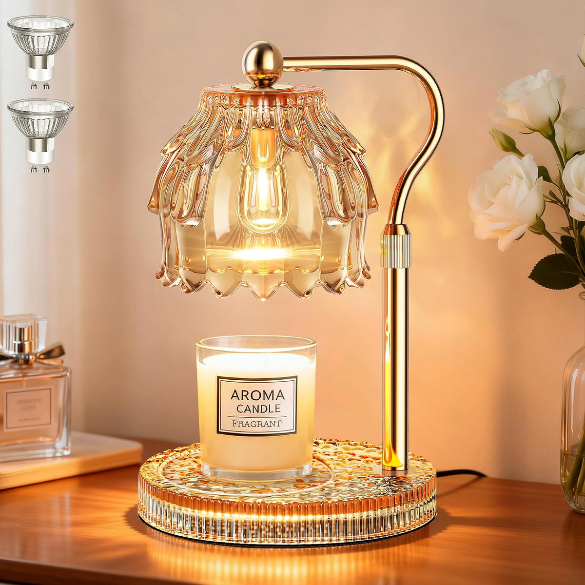 Candle Warmer Lamp with Timer Dimmer, Modern Wax Warmer for Scented Wax Jar Candle Warmer with 2 Bulbs, Adjustable Height Glass Lamp for Gifts for Women, Home Decor, Gold Amber
