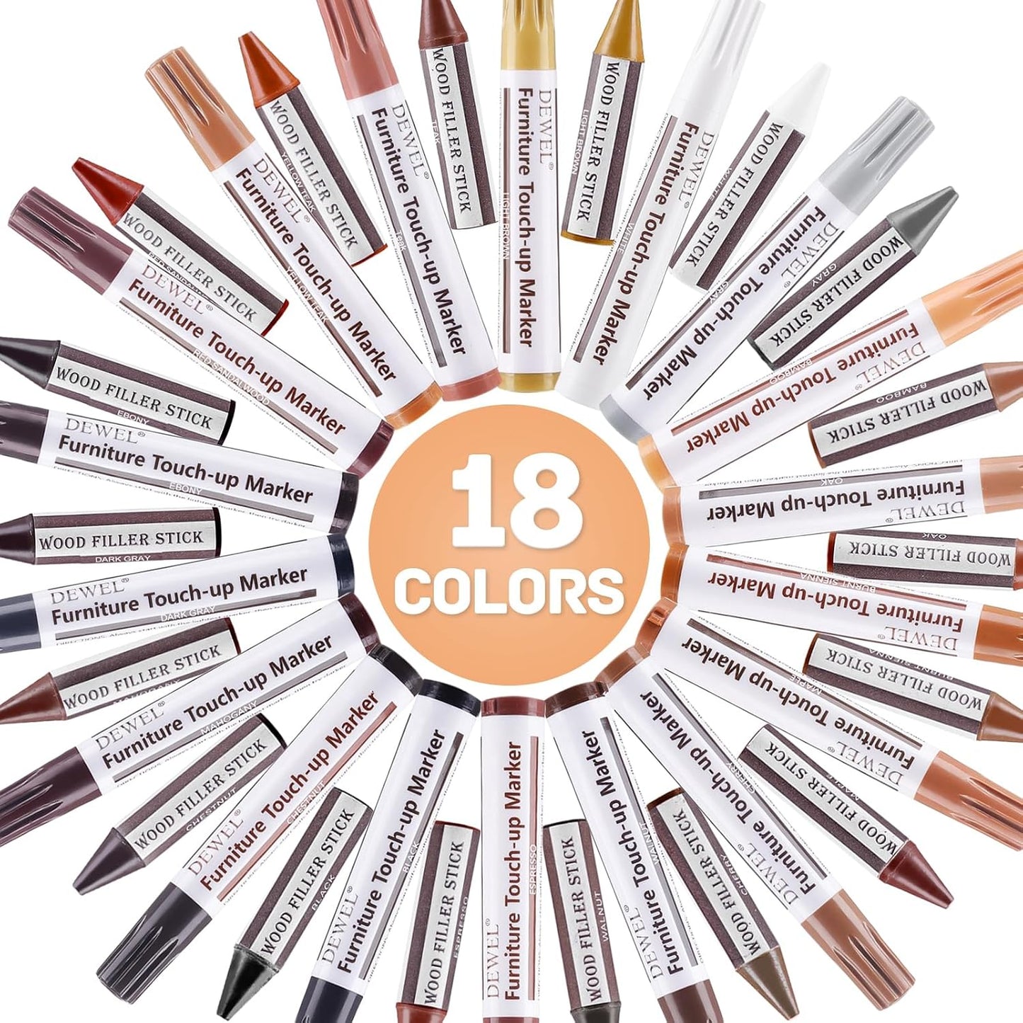 DEWEL Furniture Touch Up Markers, 17-Piece Wood Repair Kit with Wax Sticks | 8 Wood Touch Up Markers + 8 Wax Filler Sticks + Sharpener; Maple, Oak, Cherry, Walnut, Mahogany, White, Gray & Black